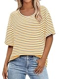 COCCKO Womens Short Sleeve Striped Shirts Summer Casual Scoop Neck Oversized Tshirts Color Block Basic Tee Yellow and White
