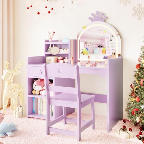 Garvee Kids Vanity with Lights 2 in 1 Princess Makeup Vanity Desk Toddler Vanity Table & Chair Set with Open Bookshelf Storage Cabinet & Shelves for Little Girls Purple
