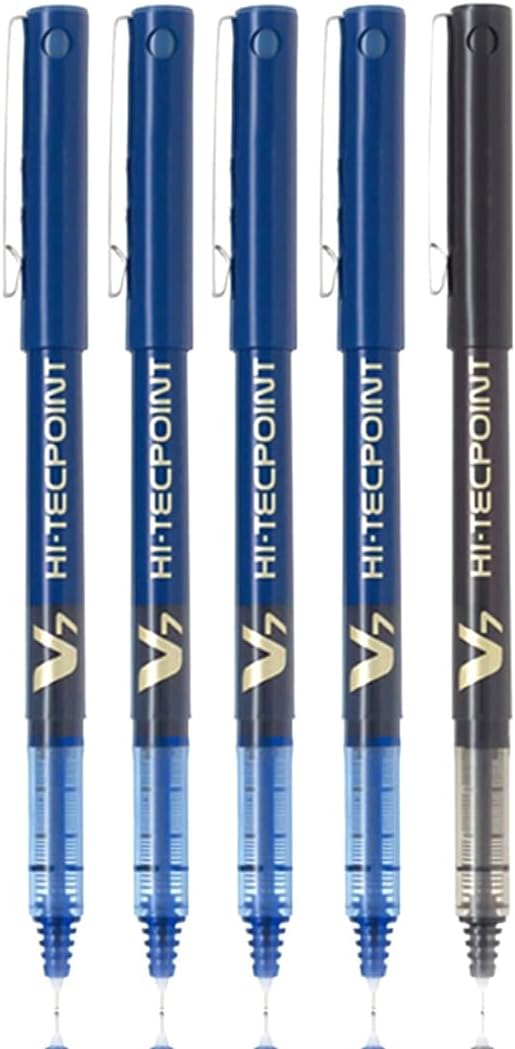Pilot Hi-Tecpoint V7 0.7mm Fine Point Pure Liquid Ink Roller Ball Pen | Pack Of 5 (4 Blue + 1 Black)