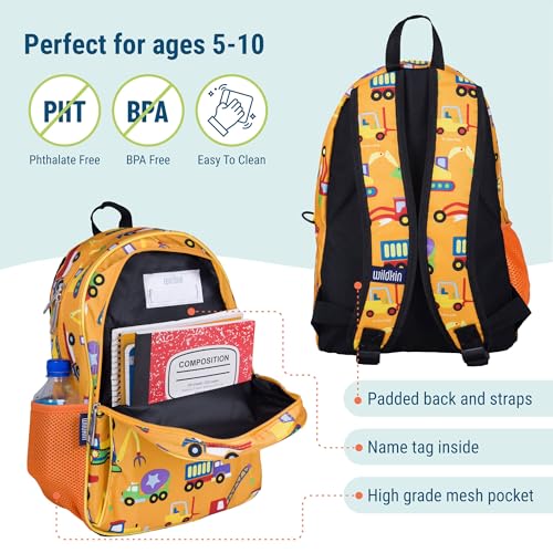 Image of Wildkin 15 Inch Backpack for Kids, Under Construction | Ages 5-10, padded straps, side water bottle pocket - coordinates with matching Wildkin lunch boxes and water bottles