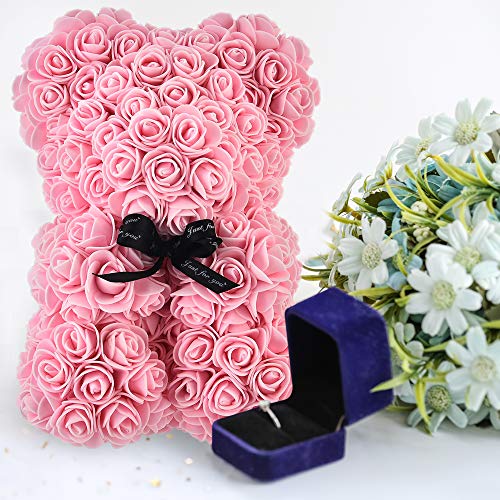 Rose Bear - Rose Teddy Bear On Every Rose Bear -Flower Bear Perfect For Anniversary's - Clear Gift Box Included! 10 Inche (Light Pink) #TOP5