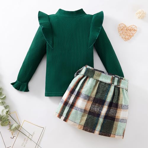 Image of Weixinbuy Toddler Girl Fall Winter Clothes Solid Long Sleeve Ribbed T-Shirt Knit Tops Plaid Button Mini Skirts Set Outfits