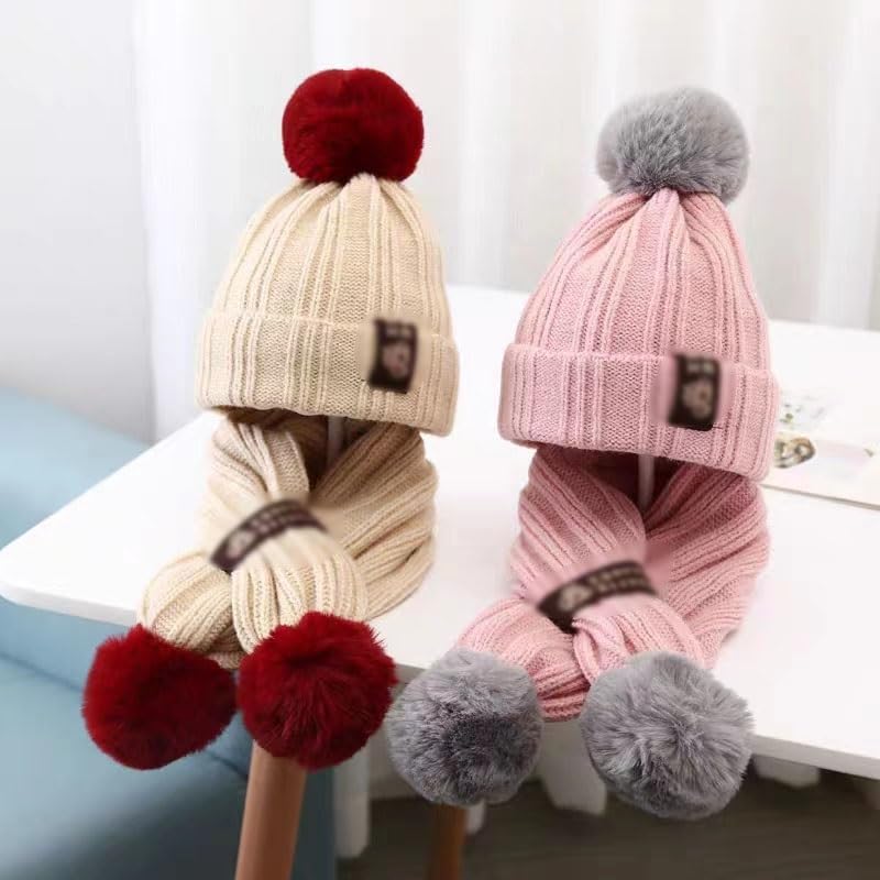 クラシックな冬の帽子、防寒帽子、冬の帽子、子供用帽子、子供用ポンポンニット帽ウールキャップ女の子用暖かいニット帽子とスカーフセット男