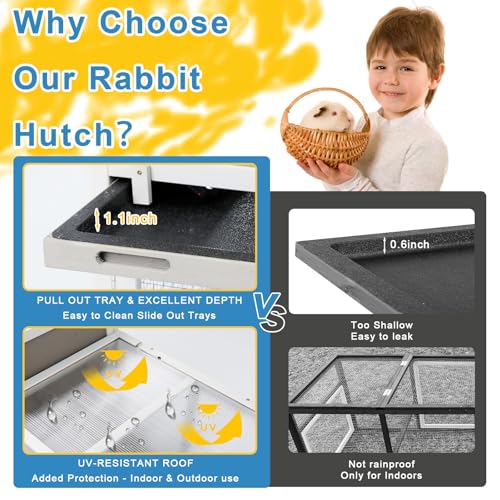 Ketive 48" L Rabbit Hutch Outdoor Indoor Bunny Hutch Weatherproof, 2-Story Wood Rabbit Cage with Deep Tray, Chew-Resistant Ramp, UV Roof, Bunny House for Small Animal, Expandable Guinea Pig Cage - Image 3