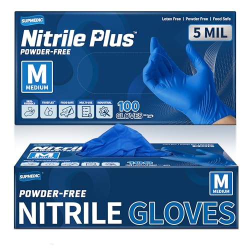 Supmedic Blue Nitrile Exam Gloves, 5 mil Powder-Free Chemo-Rated Food Safe Disposable Medical Glove, 100 Pcs (Medium)