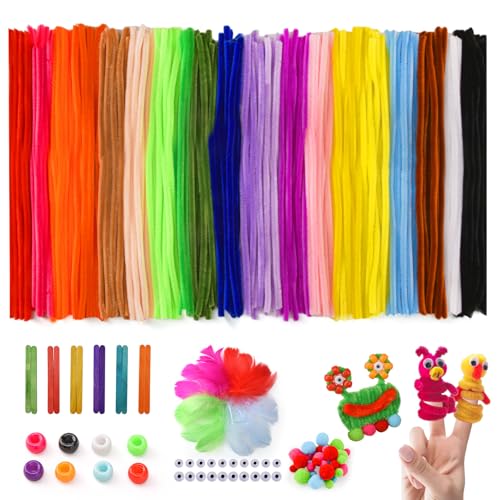 Kit de 356 cure-pipes, fournitures de loisirs créatifs, 20 tiges en chenille de couleurs assorties avec bâtons, pompons, plumes, perles de poney et yeux...