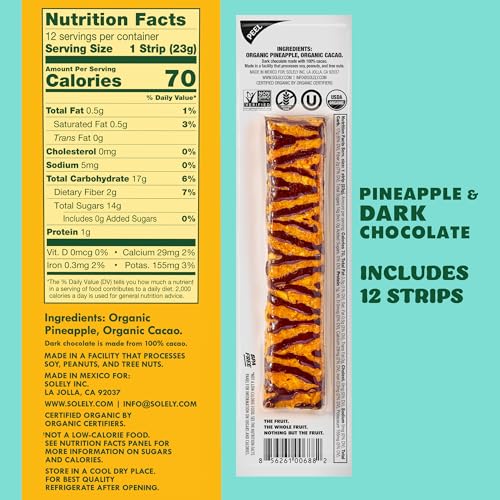 Image of SOLELY - Organic Pineapple Chocolate Drizzled Fruit Jerky - 12 Individually Wrapped Strips - Fruit Leather Made from Dried Fruit - Healthy Snacks for Adults & Kids - Vegan, Non GMO - 0.8oz (23g)