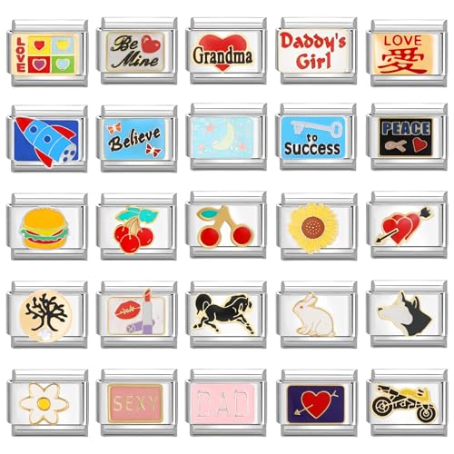 papasgix Custom Italian Charm Bracelet Charms Silver Set 10 Personalized Stainless Steel Charm Brascelets 9mm Assorted Italian Charms Bracelet Links Handmade DIY Jewelry Pink2