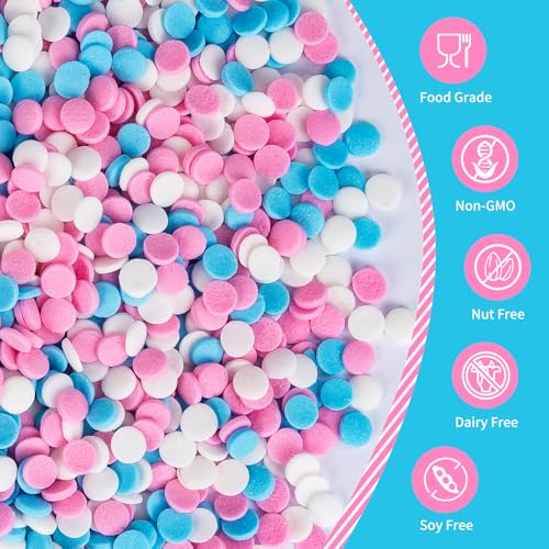 Image of Edible Pastel Sprinkles for Cake Decorating,Pink Blue White Round Confetti,Gender Reveal Sprinkle,Princess Sugar Sprinkle Circular Candy for Cake Baking,Cupcake Cookie Donut Desserts Decorations, Baby Shower Birthday Party Supplies | 130g Pink Blue White Circle Sugar for Baby Shower Baking,Princess Sprinkle,Cupcake Toppers,Birthday Party Dessert Decorations