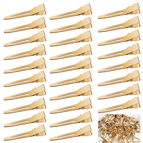 Qearl 120 PCS 1.77 Single Prong Curl Clips Gold Curl Pins Duckbill Clips Metal Alligator Clips for Hair Extensions Styling (Gold)