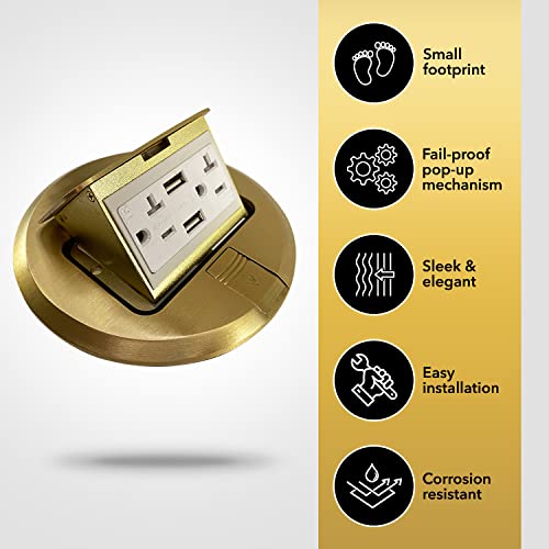 Select Lighting Slfb-Pu-Usb-Br 20A Pop Up Usb Outlet Receptacles, Tamper Resistant Round Electrical Floor Box With Brass Cover, Retractable Recessed Socket For Countertops & Floors #TOP5