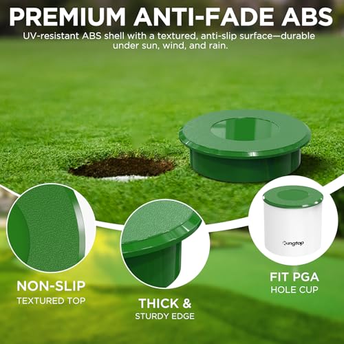 Image of KINGTOP Golf Hole Cup Covers for Standard 4.25 in Cups | Standard 4.25 in fit, grass-green surface, debris protection, rain blocking, backyard putting greens, practice holes