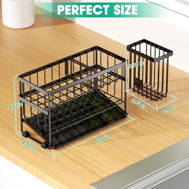 Sponge Holder for Kitchen Sink, 2 Tier Sink Caddy Organizer with High Brush Holder, Self-Draining Sponge Holder for Sinks, Soap Dispenser Organizer, Rustproof 304 Stainless Steel, Black