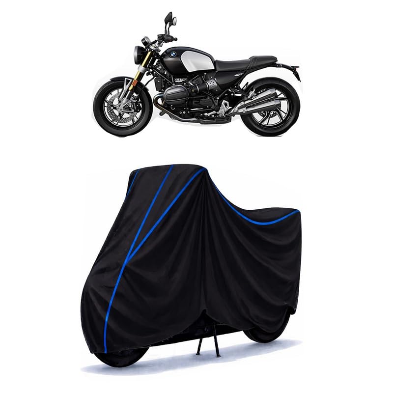 Image of R 12 Nine T Bike Cover Water Resistant Universal Motorcycle Rain | Heavy Duty UV Protection, Dust, Scratch Indoor Outdoor All Weather with Black Blue Piping Elastic