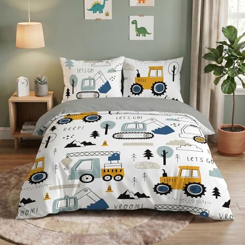 ZZXHG Housse de Couette 140x200 cm Enfant Voiture Grise de Dessin Animé Tracteur Parure de Lit 2 Personnes en Microfibre, Ensemble de Literie avec 1 Housse de...