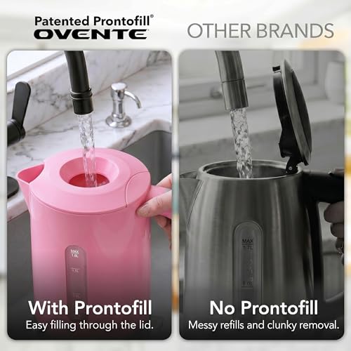 Image of OVENTE 1.8L Electric Kettle, BPA-Free with Easy-Fill Lid, Pink KP413P | 1500W Fast Boiling Water Heater, Auto Shut-Off, Boil-Dry Protection, 360 Swivel Base, Clear-View Window, Removable Filter
