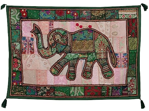 Image of Ekam Art Rajasthani Handmade Heavy Elephant Embroidery Cotton Patchwork Tapestry Cotton Wall Decor Hanging Beaded Tapestries Home Living Room Decor 40 x 60 Inch (Green)