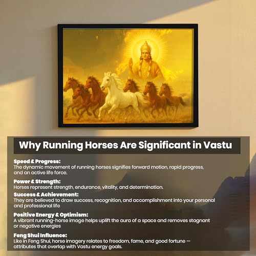Image of Divine 7 Running Horses Vastu Framed Wall Art Painting for Living Room | Golden Spiritual Seven Horse Painting With Frame Symbol of Positivity & Progress Wall Art for Home & Office, 14x18 Inch