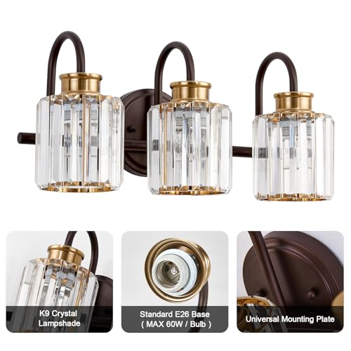 Image of ORB Bathroom Light Fixtures with K9 Crystal Lampshade Bathroom Lighting Over Mirror Vanity Lights for Living Room,Bedroom,Restroom,Hallway 3 Lights