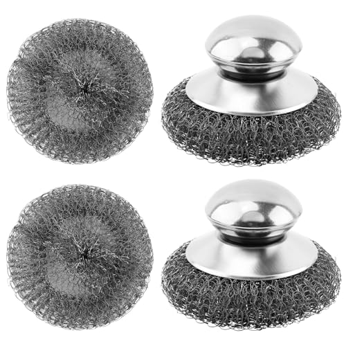 Image of 2pcs Steel Wool Scrubber with 2pcs Replacement Wire Pads Set, Metal Scrubber Pot Scrubbers Scouring Brush, Kitchen Cleaning Supplies for Dishes Stoves Barbecue Grills Wash Sink (Silver)