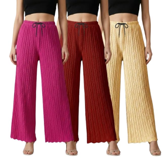 Women’s Comfortable Lycra Palazzo Pants (Pack of 3) – Stretchable Free Size Casual, Office & Travel Bottom Wear-image-43