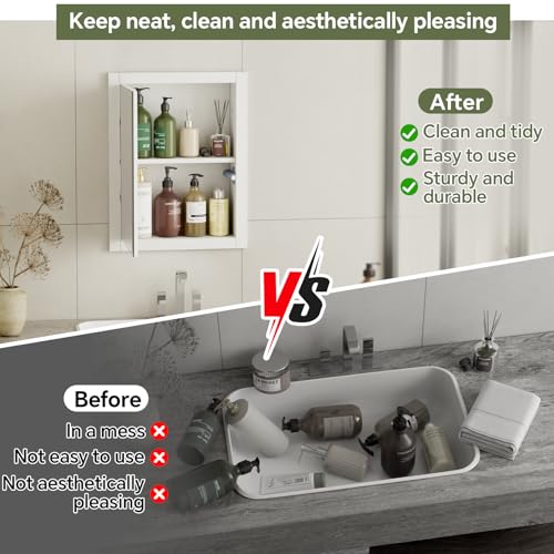 Armario empotrado para medicamentos de 14'' x 18'', con espejo, inserto de madera para tabique, estante empotrado para baño, reemplazo para armarios de medicamentos, almacenamiento para baño y sala de estar, blanco miniatura 6