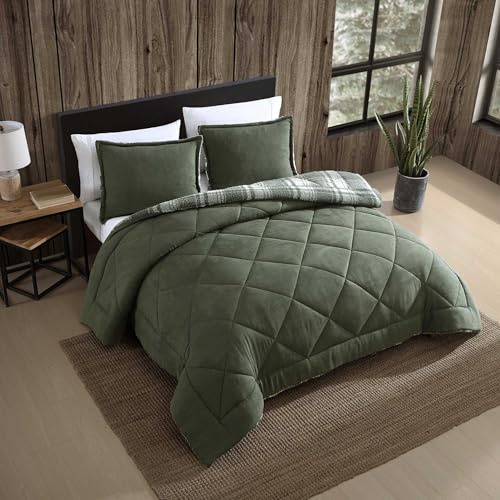 Image of Eddie Bauer - King Comforter Set, Solid Microsuede Bedding with a Plaid Ultra-Plush Faux Shearling Reverse, 3 Piece Bed Set with Matching Pillowcases (Big Lake Plaid Green, King)