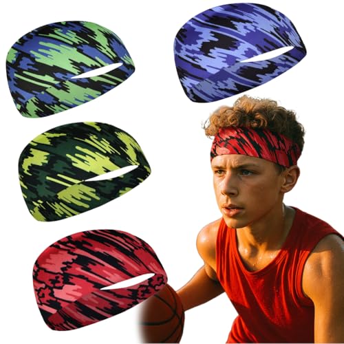KIRZAX Diadema deportiva para niños de 4 piezas, diadema transpirable, diadema bandana elástica, adecuada para correr, montar en bici, entrenar, dar patadas a un balón