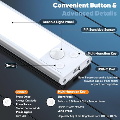 Image of Under Cabinet Lights, 2500mAh 12 Inch Motion Sensor Rechargeable Battery Operated Wireless Under Counter Lights Indoor, Magnetic 108-LED Dimmable Closet Lights for Kitchen with 3 Color Temps 5-Pack