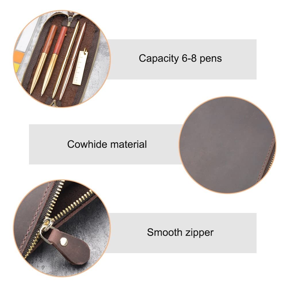 DONGKER Leather Pen Case, Vintage Zippered Pencil Pouch Pen Holder Case Can Hold 6-8 Pens for Work Office - Image 3