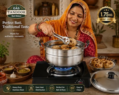 Image of Stainless Steel Bati Cooker & Gas Tandoor for Home Kitchen | Heavy Ghee Pot | Free SS Tong | Multi-Purpose Gas Oven with Heavy Duty Lid, Dual Riveted Handle (Regular)