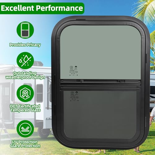 Image of 18 inchW x 30 inchH RV Windows for Cargo Trailer Camper,Tinted Vertical Sliding | Cargo Utility Trailer Window Replacement w /Screen&Trim Ring,Fit 15 /16 inch or 1-3 /8 inch Thick Wall,Allow Error 1 /16,DOT Approved