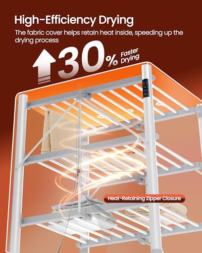 SONGMICS Heated Clothes Airer, 3-Tier Large Electric Clothes Dryer Rack, Foldable, Indoor Drying for Laundry, Control Panel, with Fabric Cover, Aluminium Alloy, Silver LLR705EZ01 - Image 5
