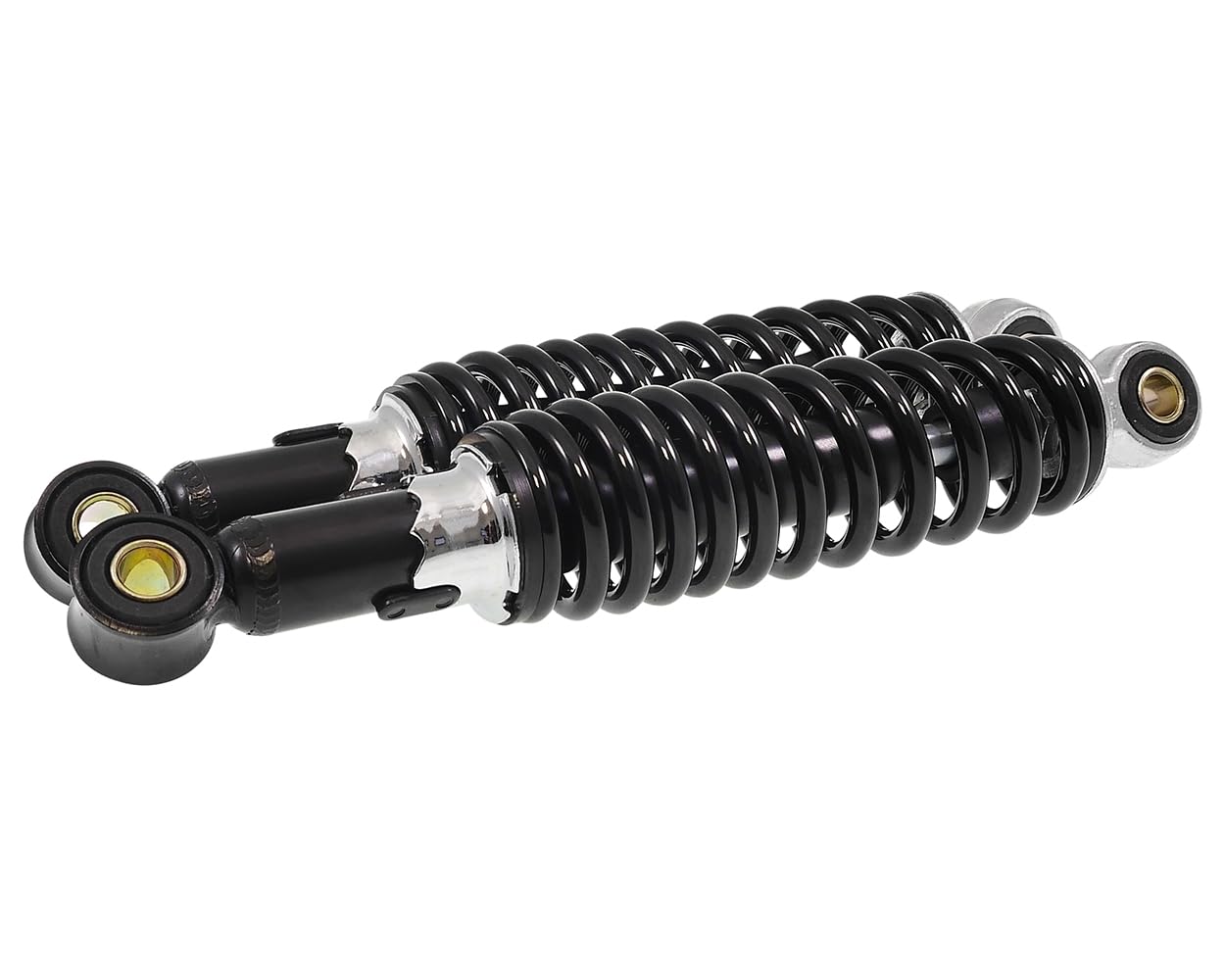 Stoßdämpfer Set 240mm + 260mm Tieferlegung Simson KR51 / 51/1 / 51/2 – 5-fach verstellbar – inkl. Reduzierhülsen – Set vorne & hinten – schwarz – für 8 & 10 mm Bolzen
