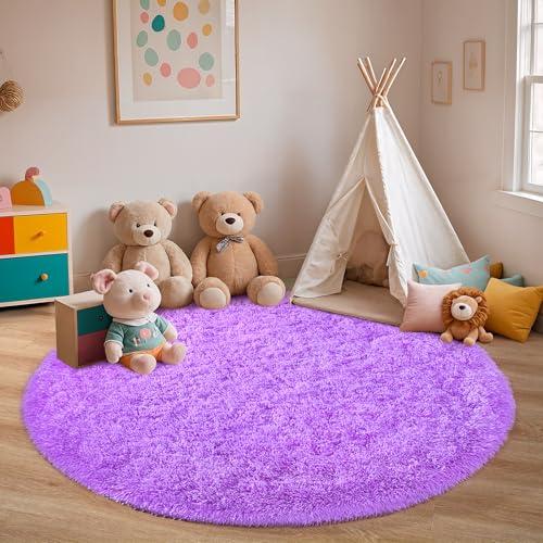 Purple Round Rug for Bedroom, 4Ft Fluffy Circle Area Rugs for Living Room, Shag Fuzzy Carpet for Kids Room, Nursery, Dorm, Classroom, Teen, Cute Baby Play Mat Home Decor Aesthetic