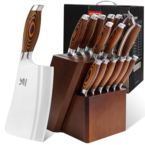 MSY BIGSUNNY Knife Block Set 17-piece Knife Set with Wooden Block - German Steel Perfect Cutlery Set Gift
