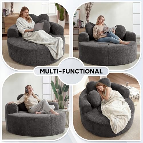 Image of Oversized Round Chair Lounge Chaise Indoor, 54.3 inch Upholstered Corduroy Deep Seat Single Cloud Sofa Chair with Heart-Shaped Pillow Modern Large Circle Boneless Couch for Living Room, Black