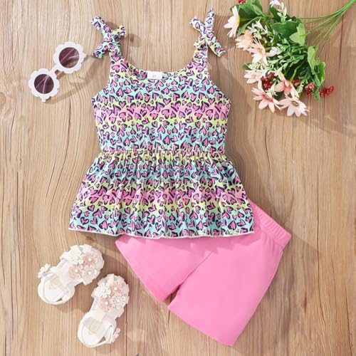 Image of Toddler Girls Clothes Summer Short Set Outfit Tie Knot Shoulder Sleeveless Ruffle Tops and Shorts 2PC Clothing Set
