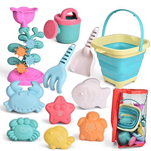 FUN LITTLE TOYS Kids Beach Sand Toy Set, Foldable Beach Bucket, Water Wheel