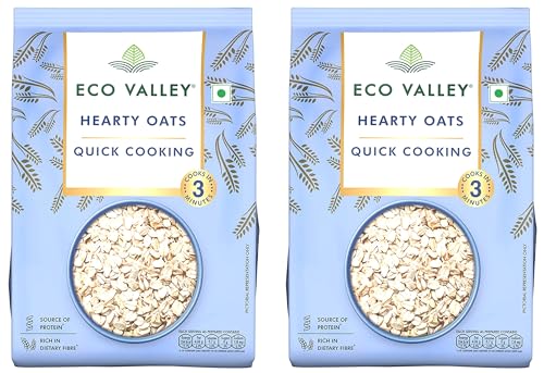 Image of Eco Valley Hearty Oats - 1 KG - Rich in Protein and Fibre | 100% natural grain | Cooks in 3 Minutes | Quick Cooking Oats | No added Sugar (Pack of 2)