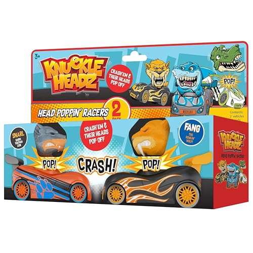 Knuckle Headz Pop-Up Racer Car Toys (2-Pack), Friction-Powered Pull Back Race Car, Head Popping Fun Gift for Kids, Boys, Girls, Ages 3+, Tiger & Wolf