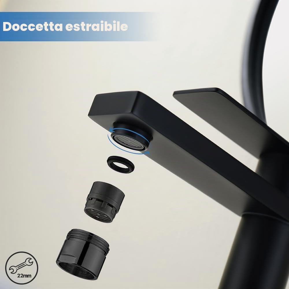 Decaura Rubinetto Bagno Lavabo Alto Nero con bocca alta 250mm, Miscelatore Monocomando per Lavabo Fredda e Calda Regolabile in acciaio inox