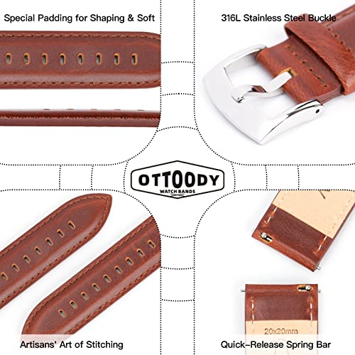 Image of OTTOODY Leather Watch Bands Quick Release, Elegant Top Grain Leather Watch Straps for Men & Women, Choice of Color & Width - 18mm, 19mm, 20mm, 21mm or 22mm Wristbands Bracelet for Watch & Smartwatch