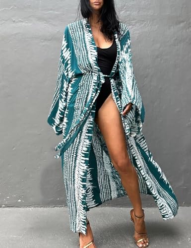 Image of Bsubseach Stylish Tie Dye Open Front Long Kimono Swimsuit Coverup for Women