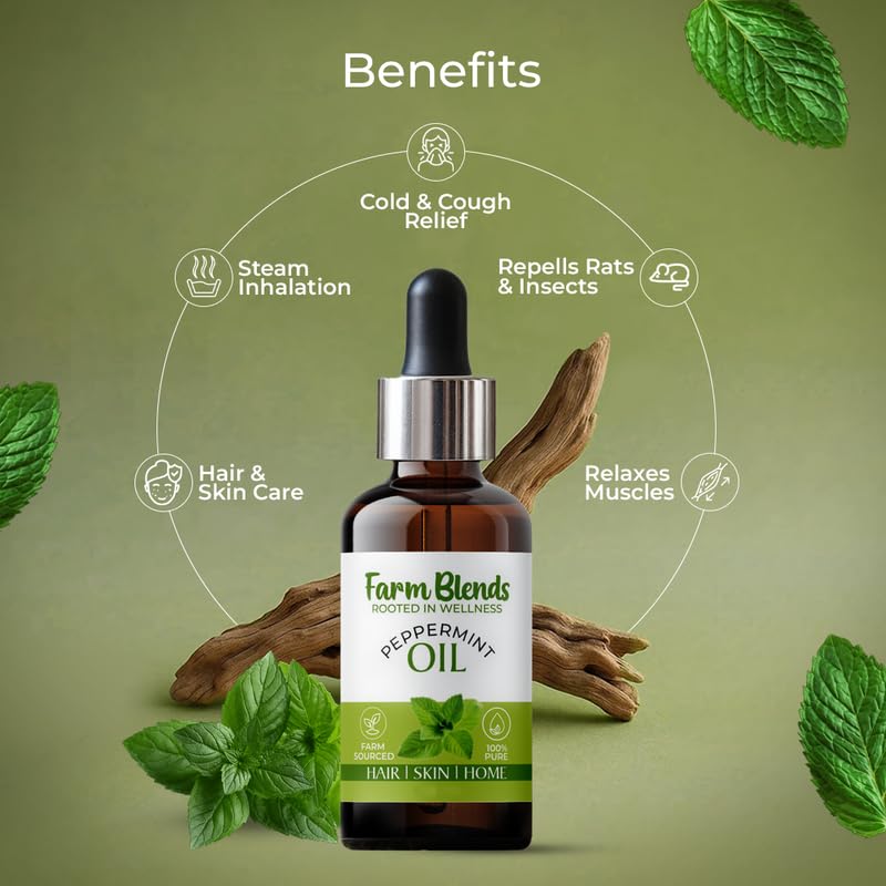 Image of Farm Blends Peppermint Essential Oil 100% Undiluted Pure | Headache Relief, Anti Acne, Anti Dandruff, Relaxes Muscle, Cough Relief, Keeps Rats Away | Farm To Home | Natural | Mentha piperita|15ML + 15ML (Pack of 2)