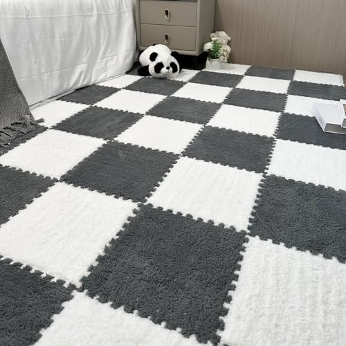 JFGCTYHXY Alfombras, Alfombra de Espuma entrelazada Felpa, 10 Piezas cuadradas entrelazadas, Alfombra mullida for Sala Estar y Dormitorio(White+Gray)