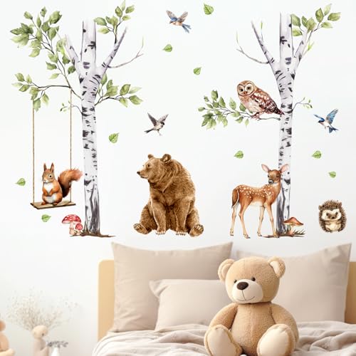 Mfault Forest Animal White Birch Tree Wall Decals Stickers, Woodland Bear Deer Hedgehog Owl Squirrel Birds Baby Nursery Decor Bedroom Art, Cute Kids Toddler Room Playroom Decorations