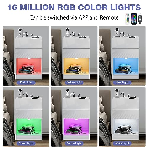 HOMMPA Open Shelf LED Nightstand with Charging Station White Bedside Table with Led Light 2 Drawers End Side Table Smart Nightstands USB Ports AC Outlest High Gloss Night Stand for Bedroom - Thumbnail 4