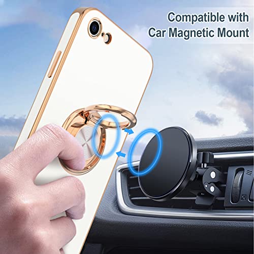 Image of Hython Case for iPhone SE Case 2022 /2020, iPhone 8 7 Case Ring Holder Stand Magnetic Kickstand, Plating Rose Gold Edge Soft TPU Bumper Cover Shockproof Protective Phone Cases Women Girls Boys, White