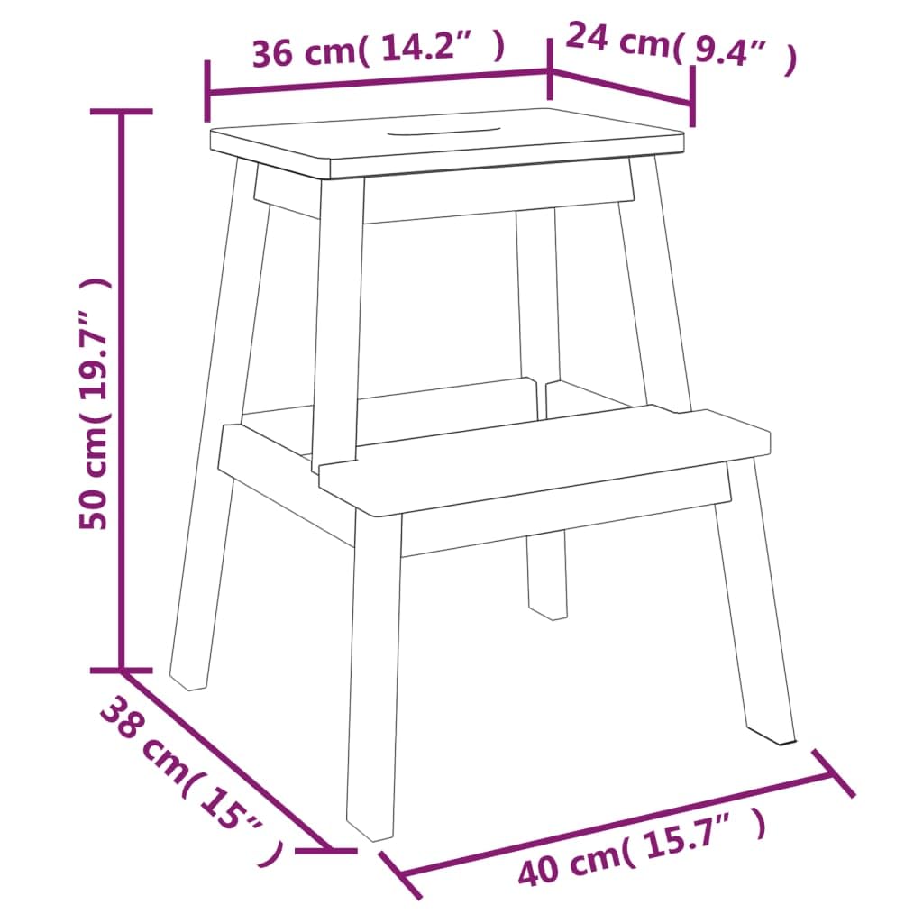 vidaXL Taburete 2 Peldaños Escalera Escalón Silla para Baño Cocina Salón Dormitorios Jardín Patio Madera Maciza de Acacia 40x38x50 cm